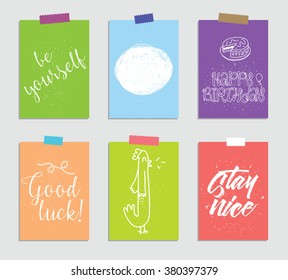 Set of creative 6 journaling cards. Vector illustration. Template for greeting scrapbooking, planner, congratulations, stickers and invitations. Inspiring quotes. Posters set.