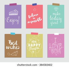 Set of creative 6 journaling cards. Vector illustration. Template for greeting scrapbooking, planner, congratulations, stickers and invitations. Inspiring quotes. Posters set.