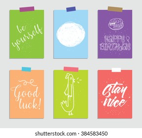 Set of creative 6 journaling cards. Vector illustration. Template for greeting scrapbooking, planner, congratulations, stickers and invitations. Inspiring quotes. Posters set.