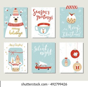 Set Of Creative 6 Journaling Cards. Christmas Posters Set. Vector Illustration. Template For Greeting Scrapbooking, Congratulations, Invitations, Stickers, Planners.