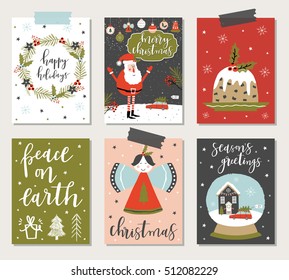 Set of creative 6 journaling cards. Christmas Posters set. Vector illustration. Template for Greeting Scrapbooking, Congratulations, Invitations, Stickers, Planners.