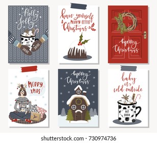 Set of creative 6 journaling cards. Christmas Posters set. Vector illustration. Template for Greeting Scrapbooking, Congratulations, Invitations, Stickers, Planners.