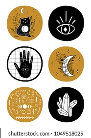 Set of creative 6 stickers with moon, quartz, crystal, cat, hand, magic, eye, plant. Ethnic Posters set. Vector illustration. 