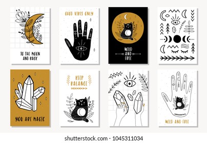 Set of creative 8 journaling cards with moon, quartz, crystal, hand, magic, eye, cat, plant. Ethnic Posters set. Vector illustration. 