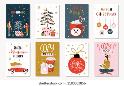 Set of creative 8 journaling cards. Christmas Posters set. Vector illustration. Template for Greeting Scrapbooking, Congratulations, Invitations, Stickers, Planners. Scandinavian style.