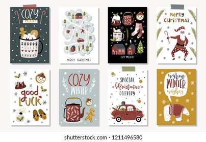 Set of creative 8 journaling cards. Christmas Posters set. Vector illustration. Template for Greeting Scrapbooking, Congratulations, Invitations, Stickers, Planners. Nordic style.