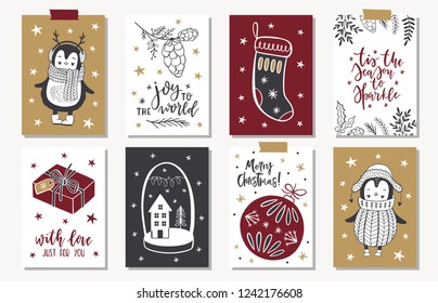 Set of creative 8 journaling cards. Christmas Posters set. Vector illustration. Template for Greeting Scrapbooking, Congratulations, Invitations, Stickers, Planners. Scandinavian style.