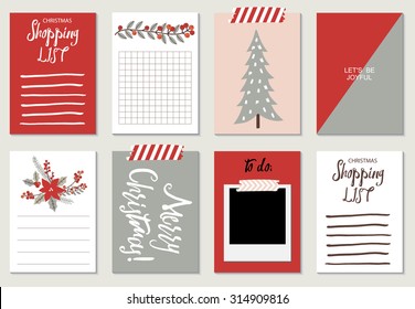 Set of creative 8 journaling cards. Christmas Posters set. Vector illustration. Template for Greeting Scrapbooking, Congratulations, Invitations.