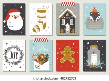 Set of creative 8 journaling cards. Christmas Posters set. Vector illustration. Template for Greeting Scrapbooking, Congratulations, Invitations, Stickers, Planners.