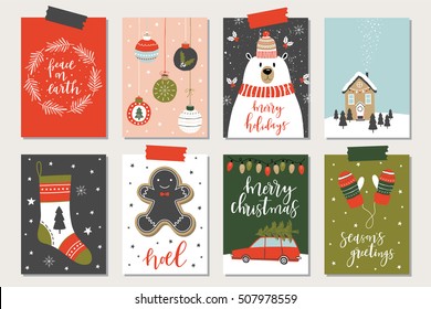 Set of creative 8 journaling cards. Christmas Posters set. Vector illustration. Template for Greeting Scrapbooking, Congratulations, Invitations, Stickers, Planners.