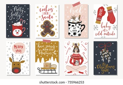 Set of creative 8 journaling cards. Christmas Posters set. Vector illustration. Template for Greeting Scrapbooking, Congratulations, Invitations, Stickers, Planners.