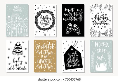 Set of creative 8 journaling cards. Christmas Posters set. Vector illustration. Template for Greeting Scrapbooking, Congratulations, Invitations, Stickers, Planners. Scandinavian style.