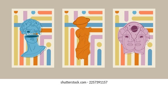 Set of creative abstract art background with Greek statues in psychedelic weird style. Design for wall decoration, postcard, poster or brochure. Vector illustration