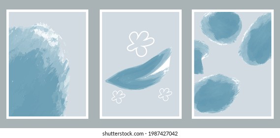 Conjunto de ilustraciones minimalistas de arte abstracto creativo pintadas a mano para la decoración de paredes, postales o diseño de portada de folletos. Resumen de fondo de arte con vectores de elementos de manchas de color de agua. 