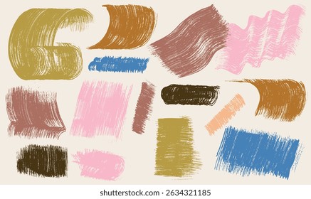 Set of creative abstract art shapes, doodle objects in grunge style. Hand drawn bold brush drawn colorful zigzag, squiggly lines. Art naive playful vector shapes. Vector illustration.