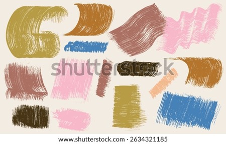 Set of creative abstract art shapes, doodle objects in grunge style. Hand drawn bold brush drawn colorful zigzag, squiggly lines. Art naive playful vector shapes. Vector illustration.