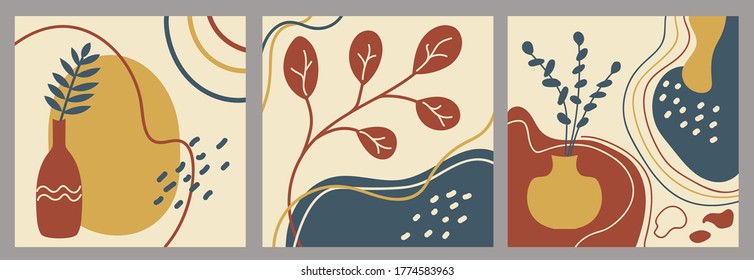 Set of creative abstract backgrounds. Hand drawn floral elements and doodles of various shapes. Modern trendy vector isolated illustration.