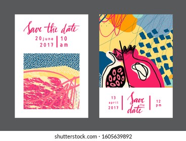 Set of creative abstract cards with pomegranate. Designs for prints, wedding, anniversary, birthday, Valentine's day, party invitations, posters, cards, etc. Vector. Isolated.