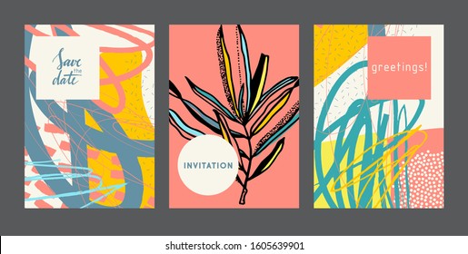 Set of creative abstract cards with twig. Designs for prints, wedding, anniversary, birthday, Valentine's day, party invitations, posters, cards, etc. Vector. Isolated.