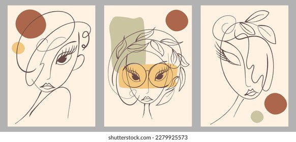 A set of creative abstract female portraits. Vector icon of people. For postcards, tee print, wallart, poster, cover, packaging, web, social media story design, cosmetics, beauty salon.