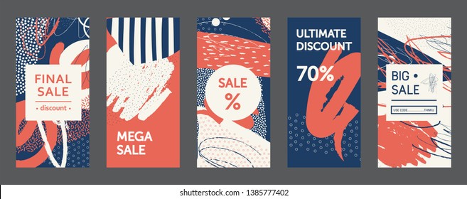 Set of creative abstract geometric cards. Designs for prints, wedding, anniversary, birthday, Valentine's day, party invitations, posters, cards, etc. Vector. Isolated.