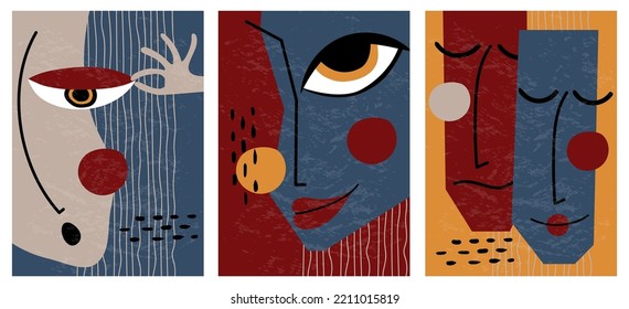 A set of creative abstract geometric textured portraits. Vector illustration of the face design. For postcards, posters, brochures, cover design, web, tee print.