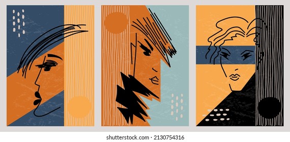 Set of creative abstract graphic textured portraits. Face design vector illustration. For postcard, poster, brochure, cover design, web.