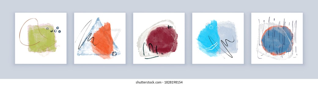 Set of Creative Abstract Hand Painted Illustrations for Postcard, Social Media Banner or Brochure Cover Design Background. Minimalistic Watercolor Painting Artwork. Vector Pattern