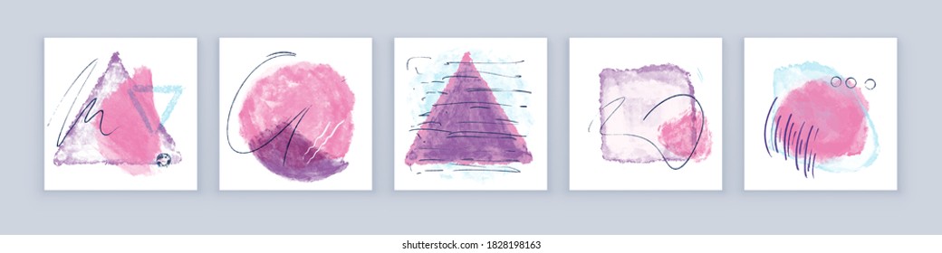 Set of Creative Abstract Hand Painted Illustrations for Postcard, Social Media Banner or Brochure Cover Design Background. Minimalistic Watercolor Painting Artwork. Vector Pattern