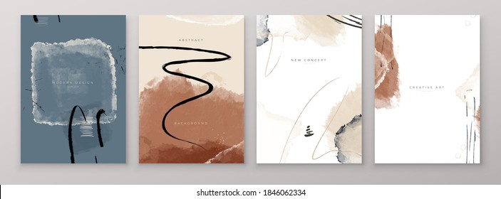 Set of Creative Abstract Hand Painted Illustrations for Postcard, Social Media Banner or Brochure Cover Design Background. Minimalistic Watercolor Painting Artwork. Vector Pattern