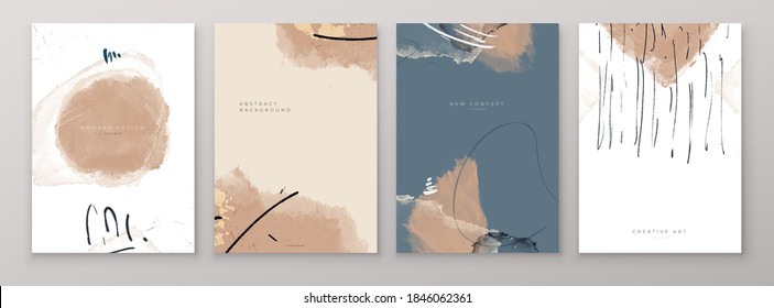 Set of Creative Abstract Hand Painted Illustrations for Postcard, Social Media Banner or Brochure Cover Design Background. Minimalistic Watercolor Painting Artwork. Vector Pattern