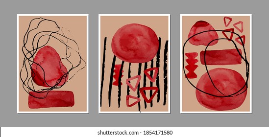 Set of creative abstract illustractions with watercolor blurs and black lines. Can be used for any kind of a design:wall decoration, postcard, brochure, fashion print, posters. Vector template.
