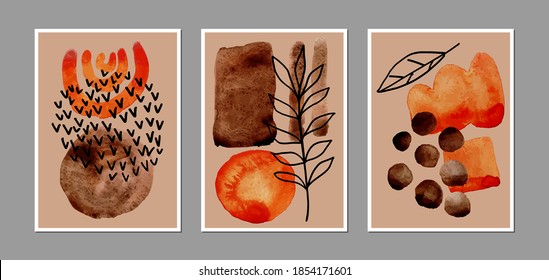 Set of creative abstract illustractions with watercolor blurs and black lines. Can be used for any kind of a design:wall decoration, postcard, brochure, fashion print, posters. Vector template.