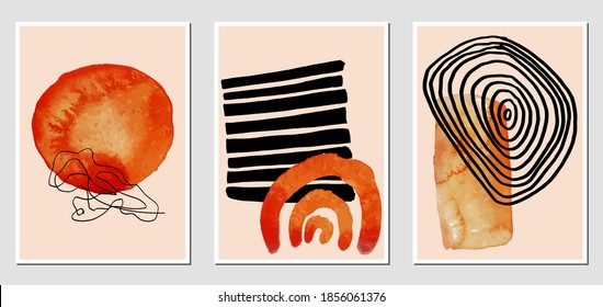 Set of creative abstract illustractions with watercolor blurs and black lines. Can be used for any kind of a design:wall decoration, postcard, brochure, fashion print, posters. Vector template.	