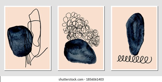 Set of creative abstract illustractions with watercolor blurs and black lines. Can be used for any kind of a design:wall decoration, postcard, brochure, fashion print, posters. Vector template.	
