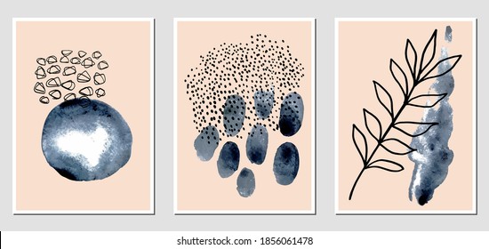 Set of creative abstract illustractions with watercolor blurs and black lines. Can be used for any kind of a design:wall decoration, postcard, brochure, fashion print, posters. Vector template.	