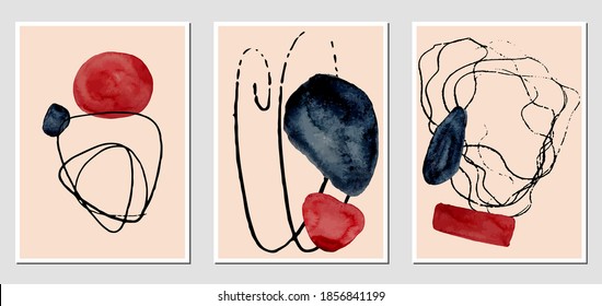 Set of creative abstract illustractions with watercolor blurs and black lines. Can be used for any kind of a design:wall decoration, postcard, brochure, fashion print, posters. Vector template.	