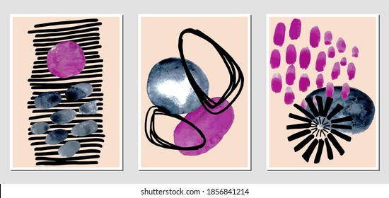Set of creative abstract illustractions with watercolor blurs and black lines. Can be used for any kind of a design:wall decoration, postcard, brochure, fashion print, posters. Vector template.	