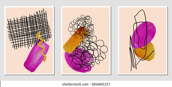 Set of creative abstract illustractions with watercolor blurs and black lines. Can be used for any kind of a design:wall decoration, postcard, brochure, fashion print, posters. Vector template.	