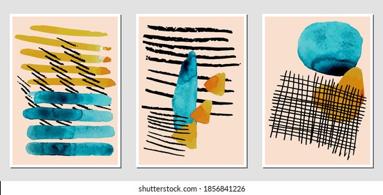 Conjunto de ilustraciones creativas abstractas con borrosas acuarelas y líneas negras. Se puede usar para cualquier tipo de diseño: decoración de pared, postal, folleto, huella de moda, carteles. Plantilla de vectores.	