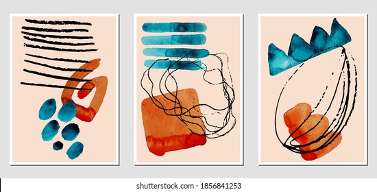 Set of creative abstract illustractions with watercolor blurs and black lines. Can be used for any kind of a design:wall decoration, postcard, brochure, fashion print, posters. Vector template.	