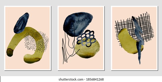 Set of creative abstract illustractions with watercolor blurs and black lines. Can be used for any kind of a design:wall decoration, postcard, brochure, fashion print, posters. Vector template.	