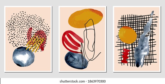 Set of creative abstract illustractions with watercolor blurs and black lines. Can be used for any kind of a design:wall decoration, postcard, brochure, fashion print, posters. Vector template.	