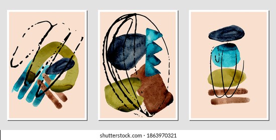 Set of creative abstract illustractions with watercolor blurs and black lines. Can be used for any kind of a design:wall decoration, postcard, brochure, fashion print, posters. Vector template.	