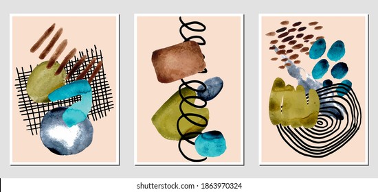 Set of creative abstract illustractions with watercolor blurs and black lines. Can be used for any kind of a design:wall decoration, postcard, brochure, fashion print, posters. Vector template.	