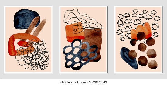 Set of creative abstract illustractions with watercolor blurs and black lines. Can be used for any kind of a design:wall decoration, postcard, brochure, fashion print, posters. Vector template.	