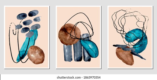 Set of creative abstract illustractions with watercolor blurs and black lines. Can be used for any kind of a design:wall decoration, postcard, brochure, fashion print, posters. Vector template.	