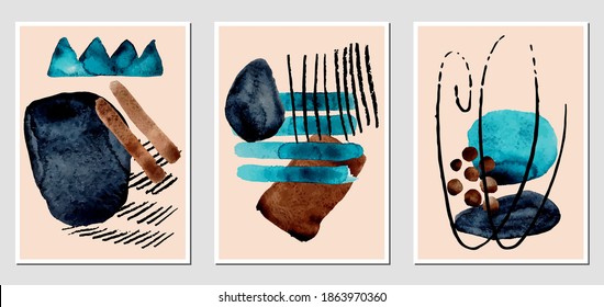 Set of creative abstract illustractions with watercolor blurs and black lines. Can be used for any kind of a design:wall decoration, postcard, brochure, fashion print, posters. Vector template.	