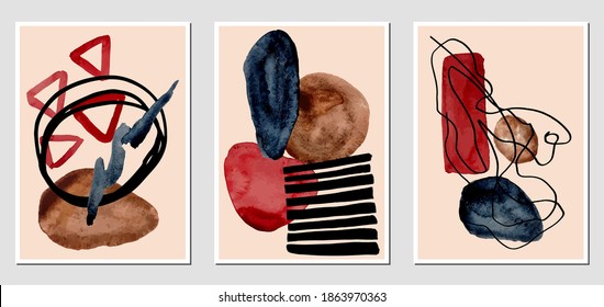 Set of creative abstract illustractions with watercolor blurs and black lines. Can be used for any kind of a design:wall decoration, postcard, brochure, fashion print, posters. Vector template.	