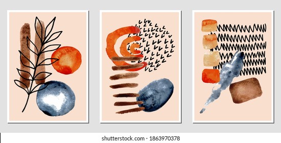 Set of creative abstract illustractions with watercolor blurs and black lines. Can be used for any kind of a design:wall decoration, postcard, brochure, fashion print, posters. Vector template.	